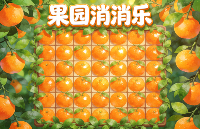 果园消消乐游戏封面 - 橙色果实与绿色枝叶组成的消除棋盘