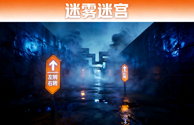 迷雾迷宫游戏封面 - 深蓝色雾气通道与橙色路标提示