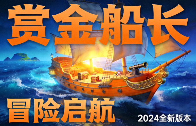 赏金船长游戏封面 - 深蓝色海洋与橙色藏宝船航行的冒险场景