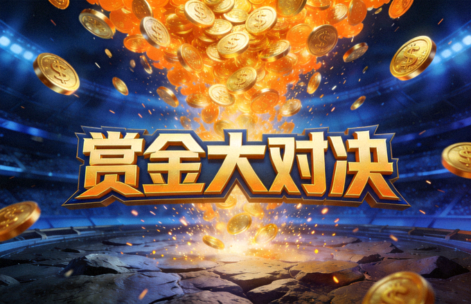 赏金大对决游戏封面 - 橙色金币雨与深蓝色竞技场背景