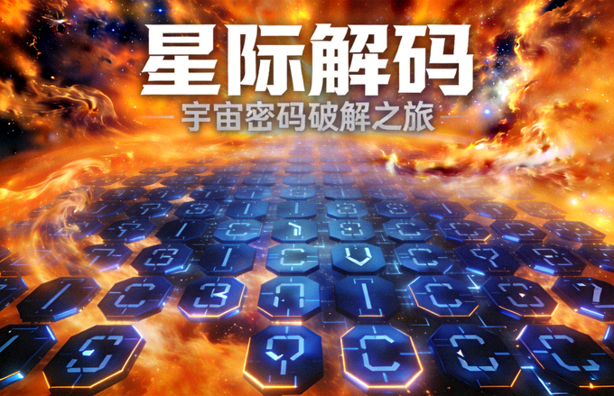 星际解码游戏封面 - 橙色星云与深蓝色密码符文阵列
