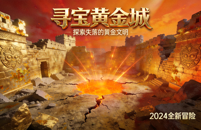寻宝黄金城游戏封面 - 金色古城遗迹与橙色宝藏光芒